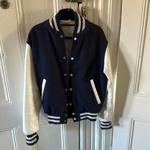 Navy and white leather bomber varsity jacket - size medium